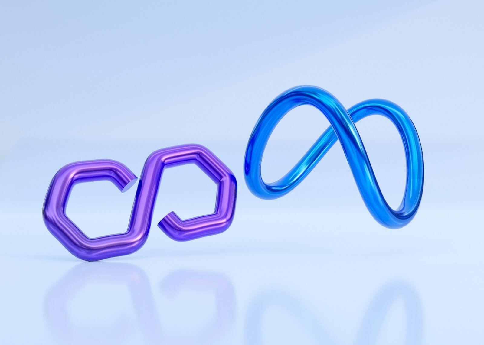 Abstract Elegance: Purple and Blue Geometric Shapes Modern 3D abstract shapes: purple hexagon and blue infinity loop on light blue background.