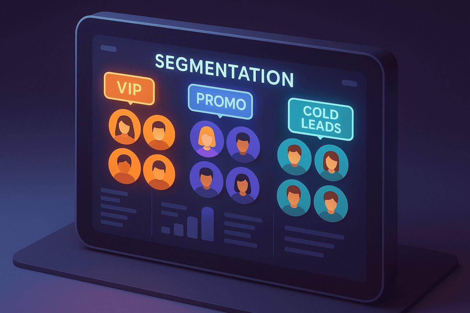 Advanced Customer Segmentation Dashboard for Marketers Modern segmentation dashboard: VIP, PROMO, COLD LEADS for effective marketing analytics.