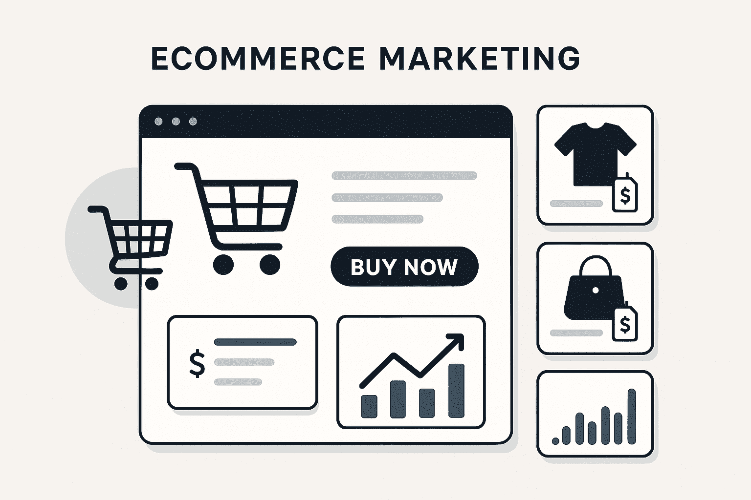 Sleek eCommerce interface with a shopping cart, BUY NOW button, product icons, and sales graph.