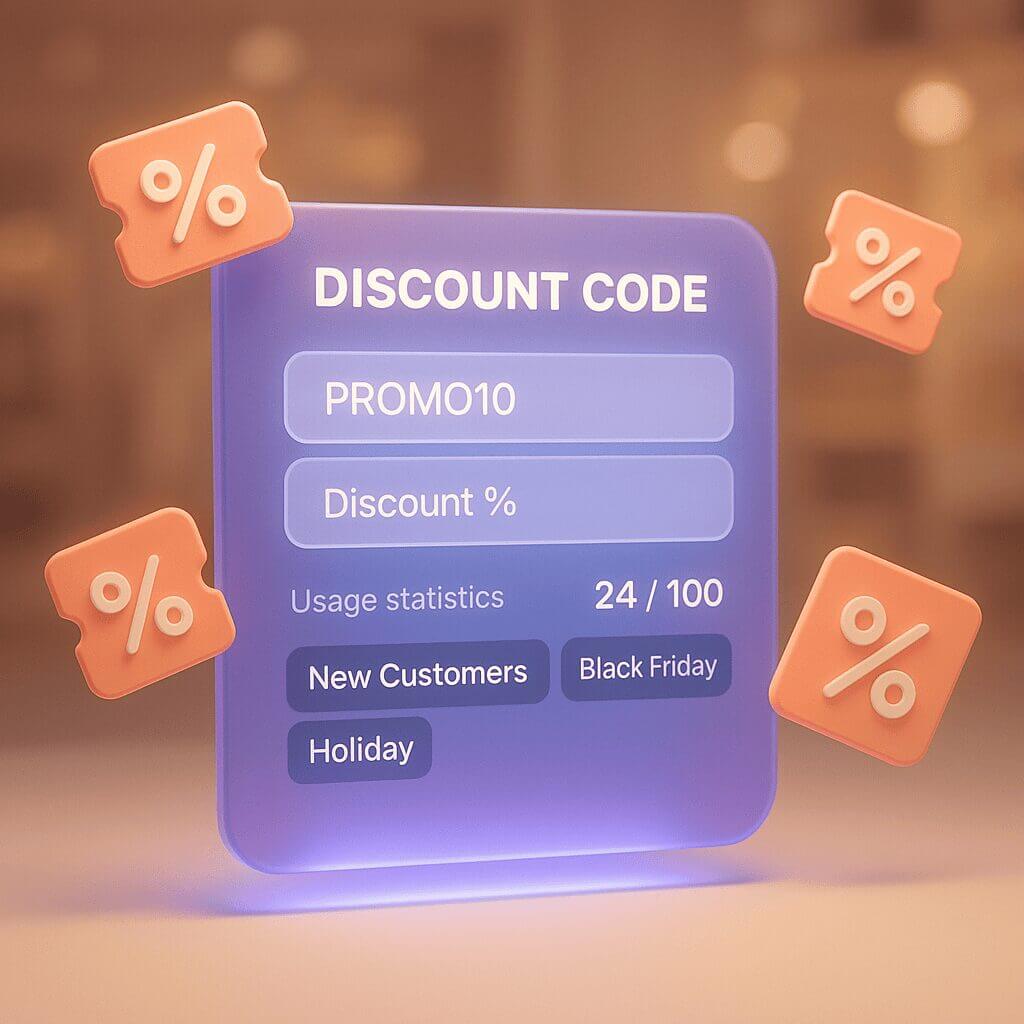 Digital interface with promo code PROMO10 and playful discount symbols for marketing campaigns.