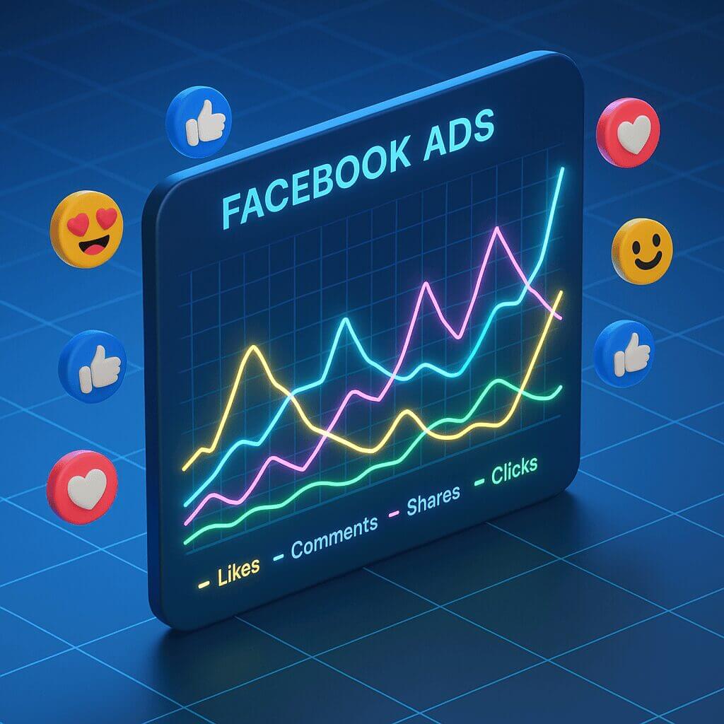 3D Facebook ads data graph with metrics: likes, comments, shares, clicks, neon colors.
