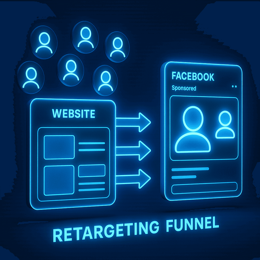 Neon blue digital marketing retargeting funnel with website and Facebook ad format illustration.