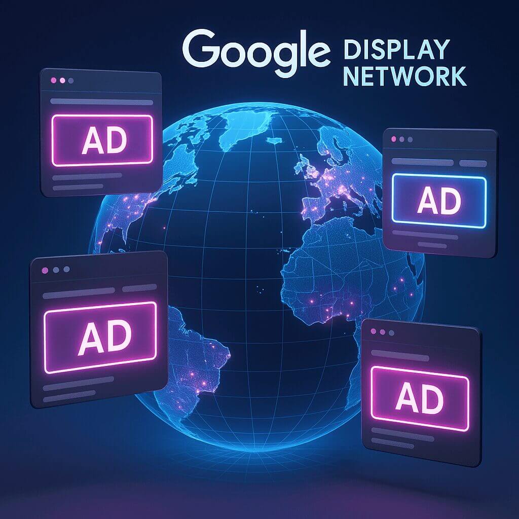 Digital marketing network globe with browser ads, highlighting global reach and connectivity.