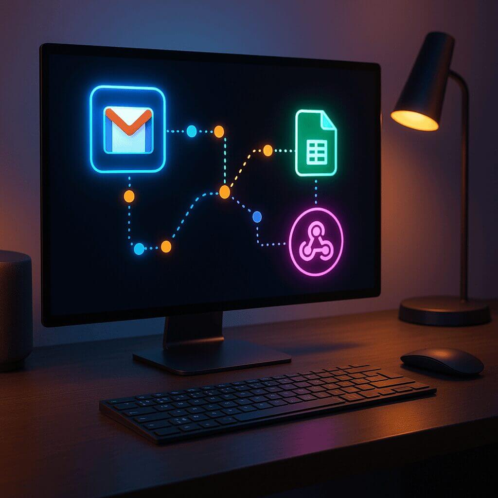 Modern desktop setup with vibrant monitor interface, icons, connectivity, email, and productivity tools.
