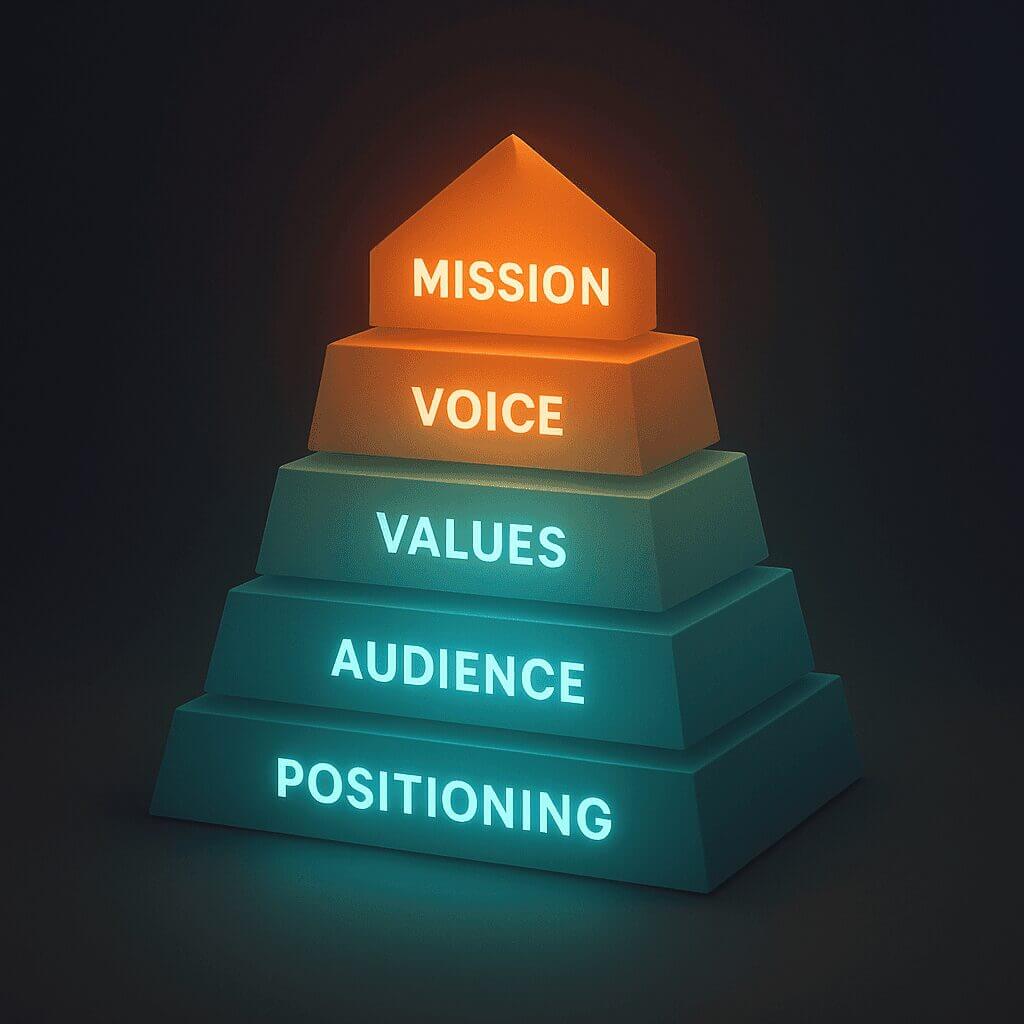 Building a Cohesive Brand: The Strategic Pyramid Pyramid illustrating brand identity layers: Mission, Voice, Values, Audience, Positioning.