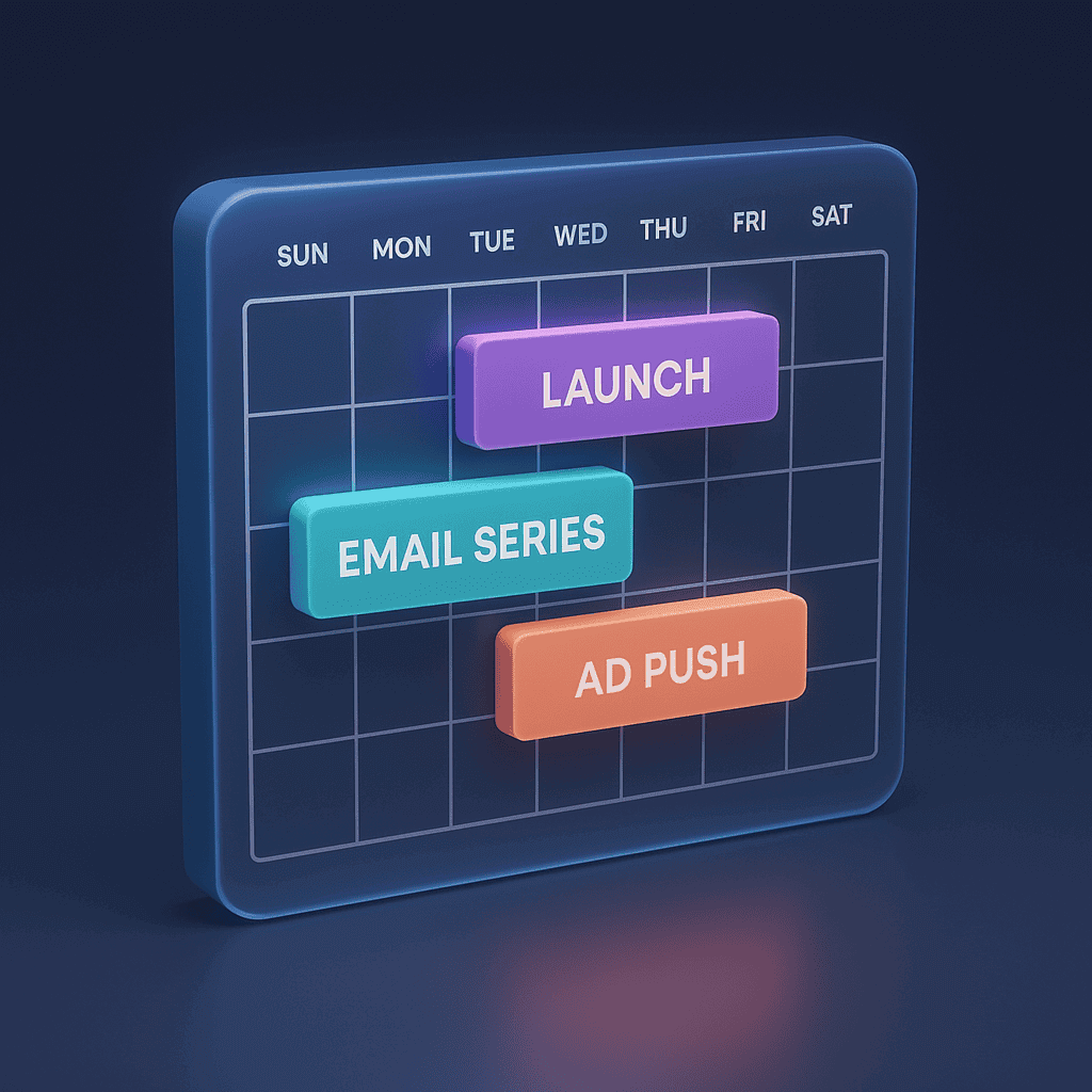 Dynamic Weekly Planner for Strategic Marketing Tasks Modern weekly planner with tasks: Email Series, Ad Push, Launch on gradient background.