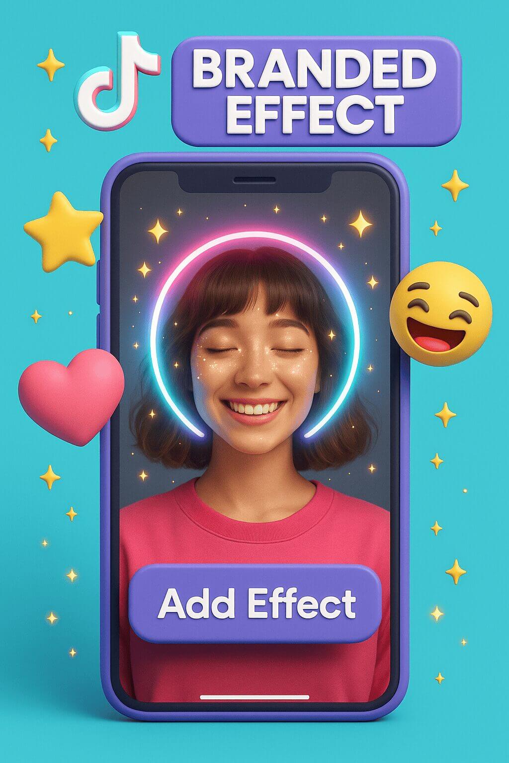 Smartphone displaying joyful woman with colorful glowing effects, icons, and Add Effect button.