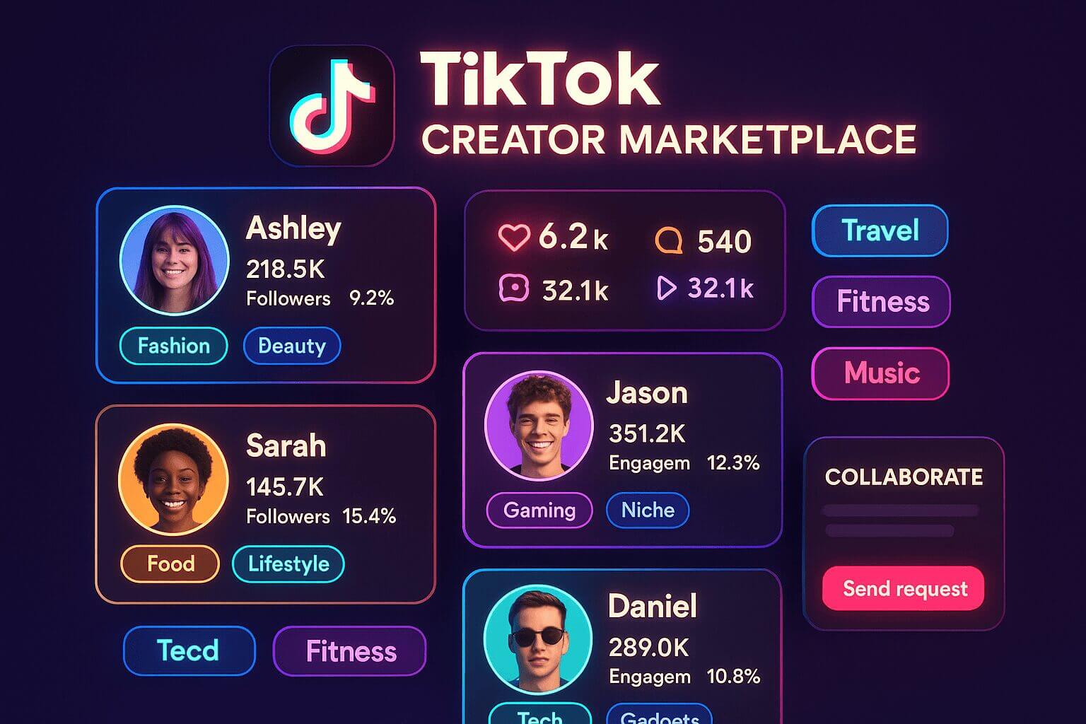TikTok Creator Marketplace interface displaying influencer profiles and engagement metrics.