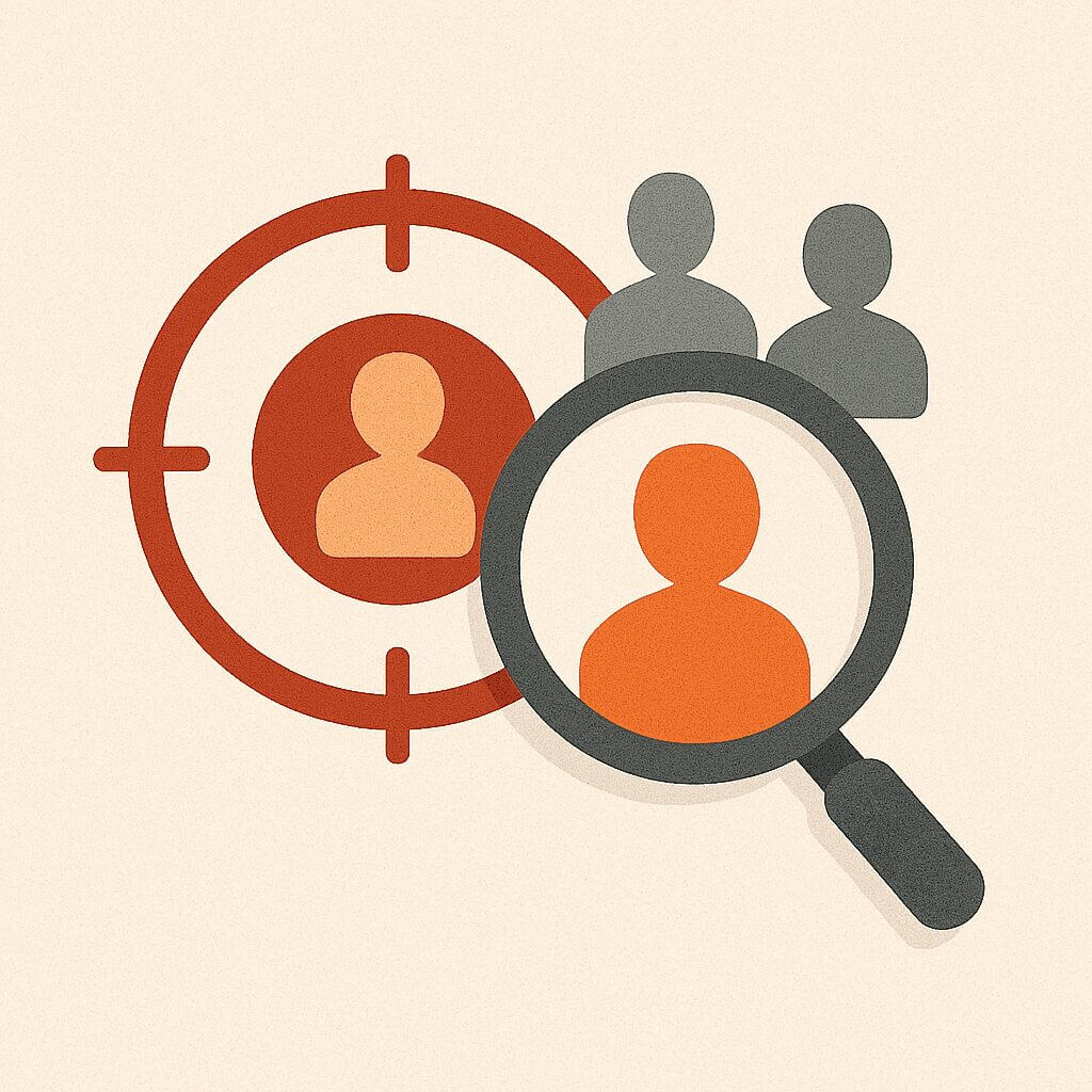 Precision Audience Targeting and Customer Segmentation Audience targeting illustration with magnifying glass on user silhouette inside red target for customer segmentation.
