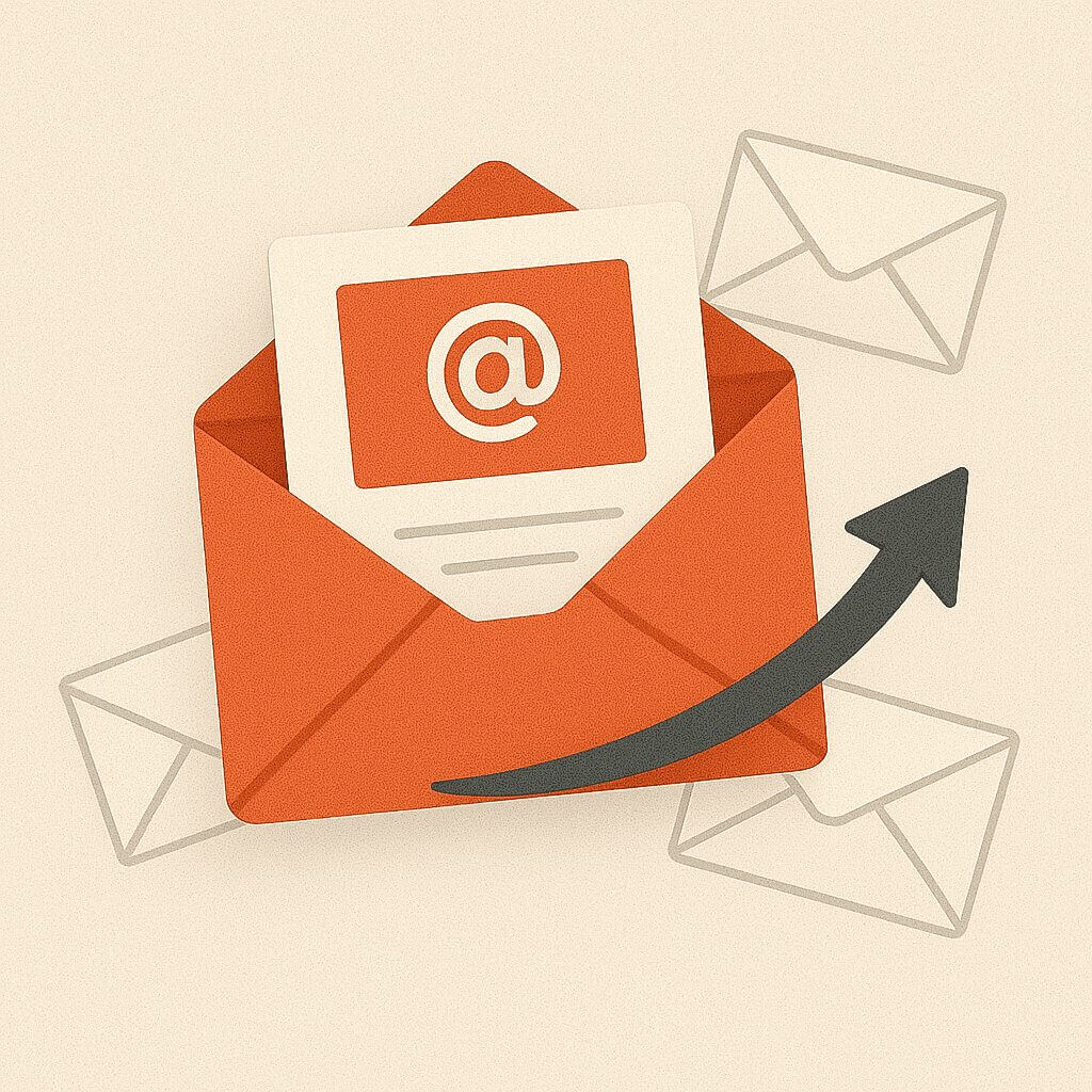 Open orange envelope with @ symbol and arrow, symbolizing email marketing and newsletter sending.