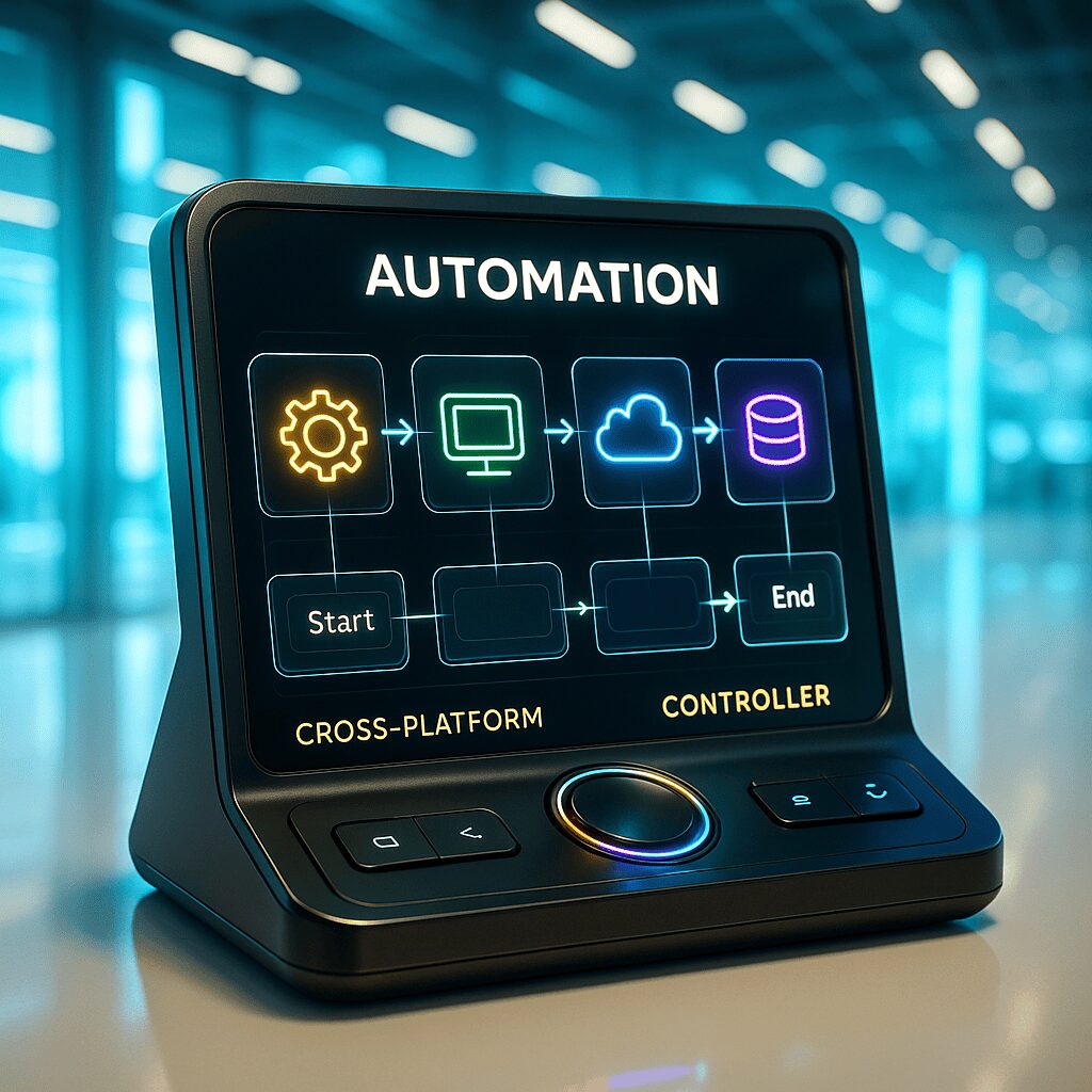 Industrial automation controller displaying workflow diagram with cloud and database icons, buttons, and dial.