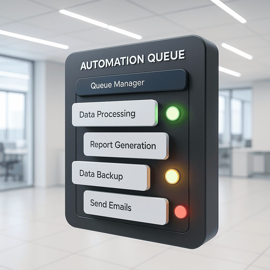 Office automation queue manager panel with task controls and status lights in modern office.