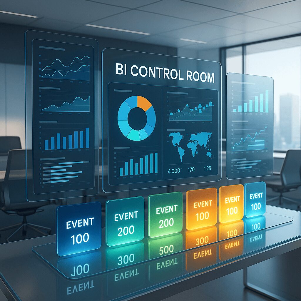 Modern business intelligence control room with real-time analytics dashboard, city skyline, and prioritized event tiles.