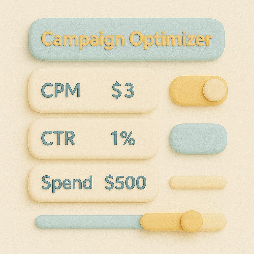 Marketing campaign optimizer dashboard showing CPM, CTR, and budget sliders.