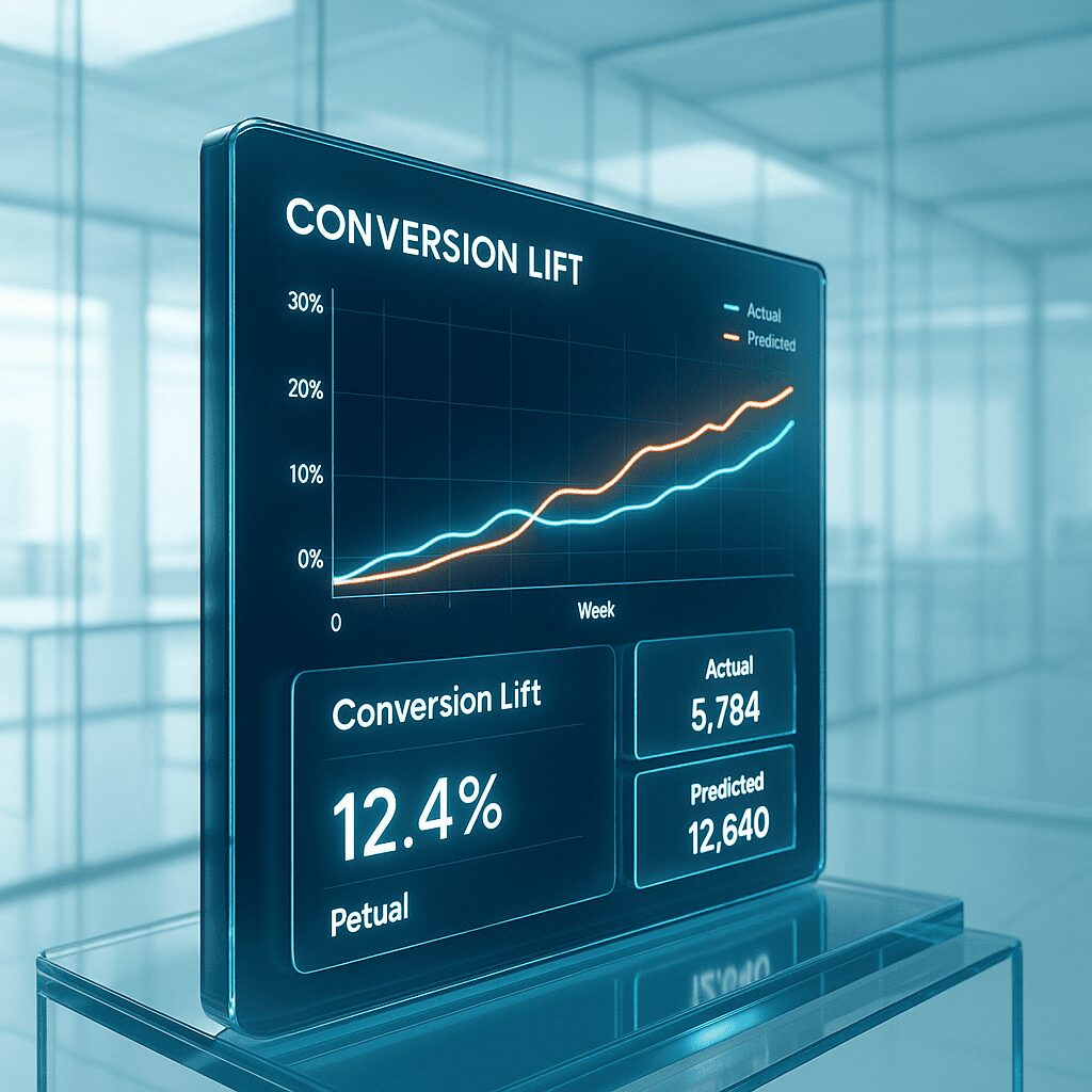 Conversion lift dashboard: actual vs predicted conversions line chart with 12.4% lift metric.