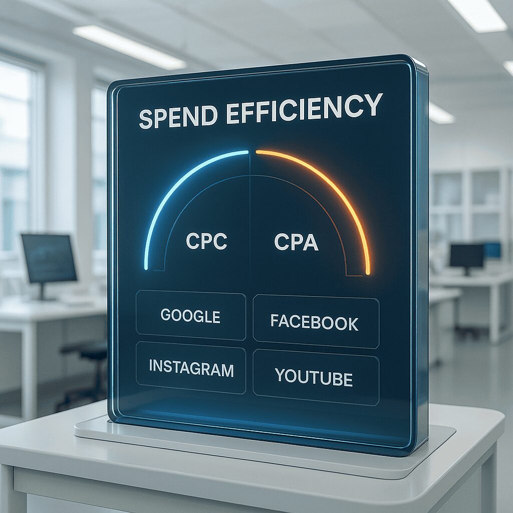 Digital marketing dashboard comparing CPC vs CPA spend efficiency across Google, Facebook, Instagram, YouTube.