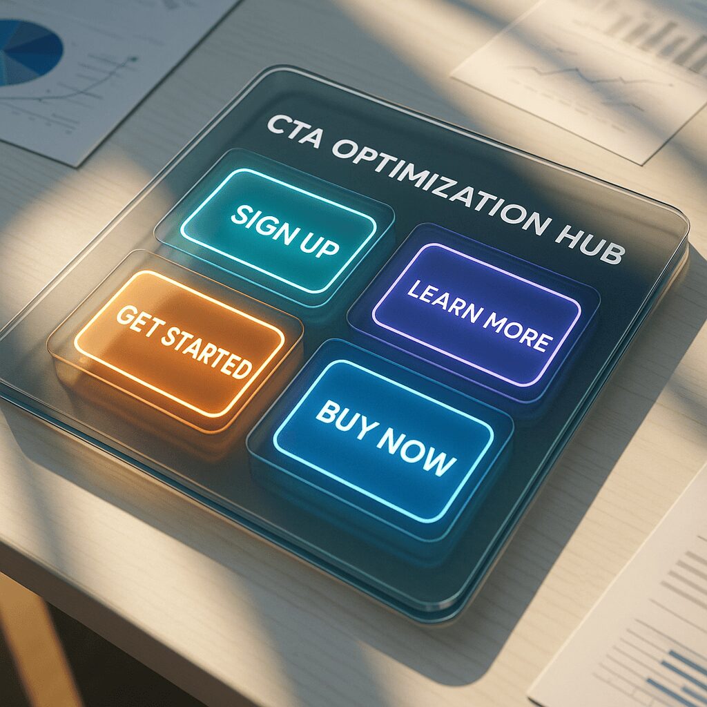Call-to-action optimization dashboard with glowing CTA buttons: Sign Up, Get Started, Learn More, Buy Now.