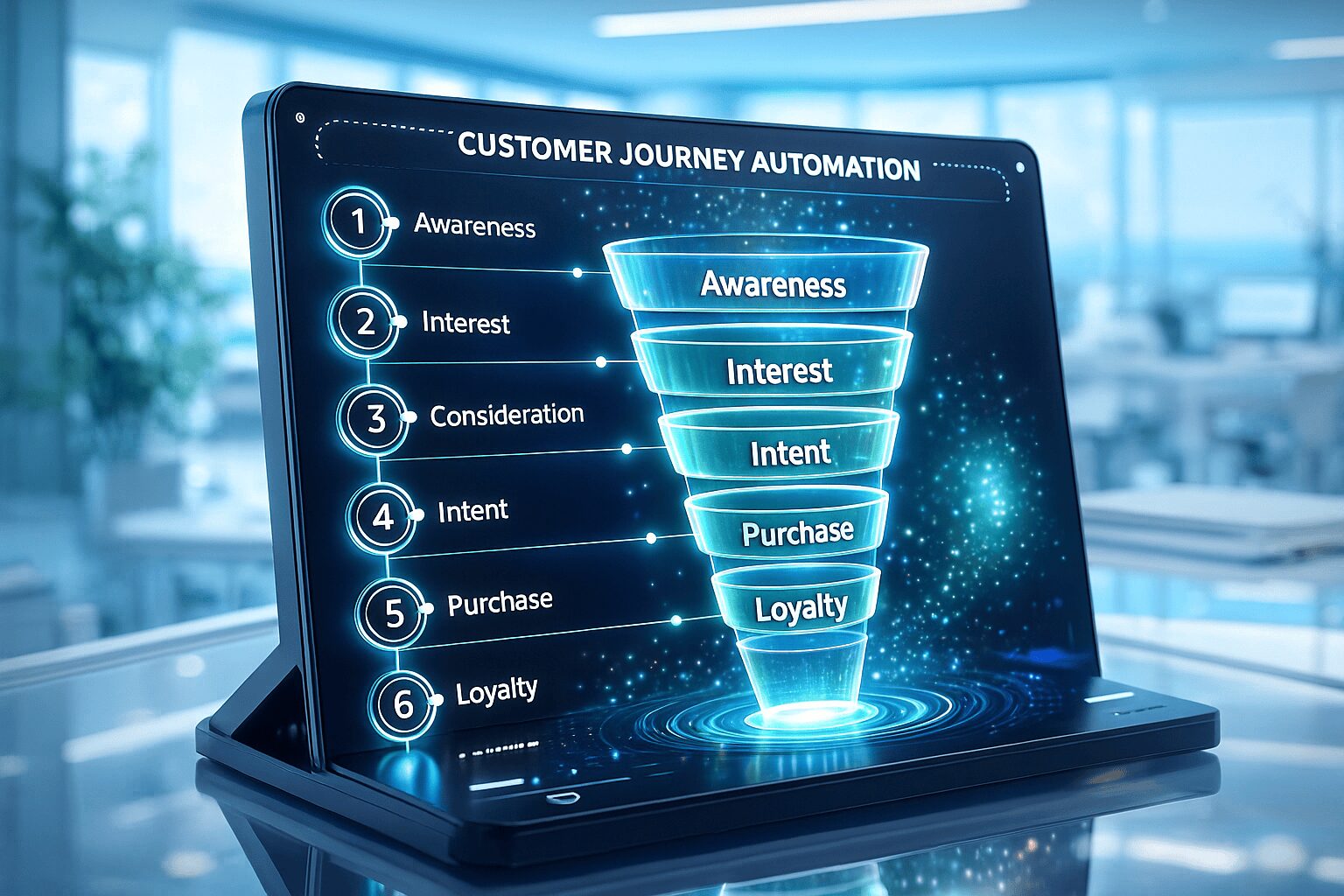 Customer Journey Marketing Funnel: Awareness to Loyalty Digital marketing funnel display showing customer journey automation from Awareness to Loyalty in office.