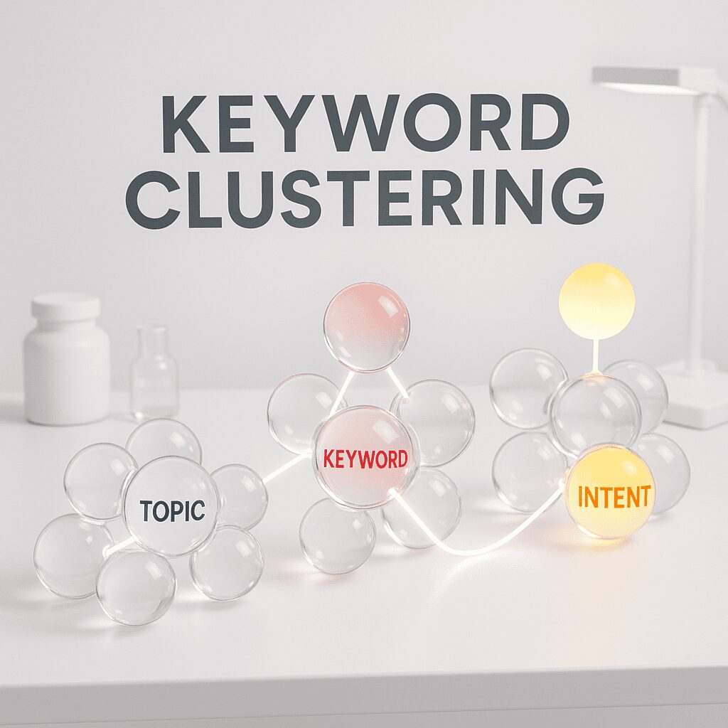 SEO keyword clustering: interconnected topics, keywords, and search intent.