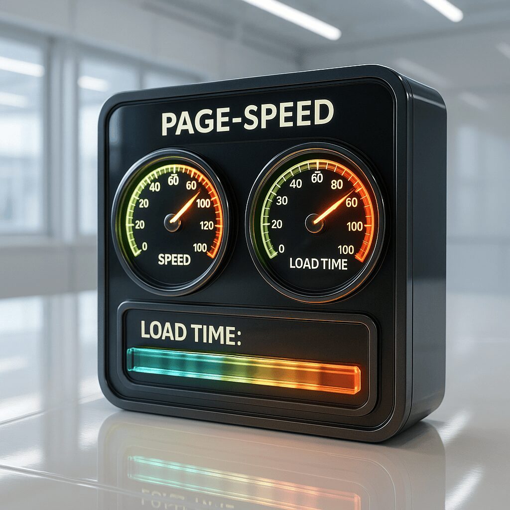Page speed and load time performance dashboard with color-coded gauges for web optimization.