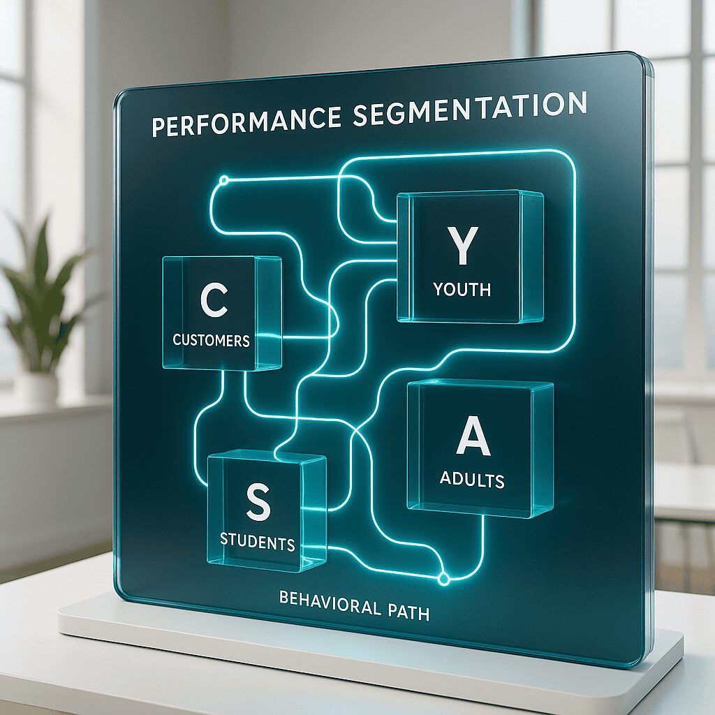 Marketing Audience Segmentation With Behavioral Pathways Marketing audience segmentation dashboard showing Customers, Students, Youth, Adults with behavioral pathways.
