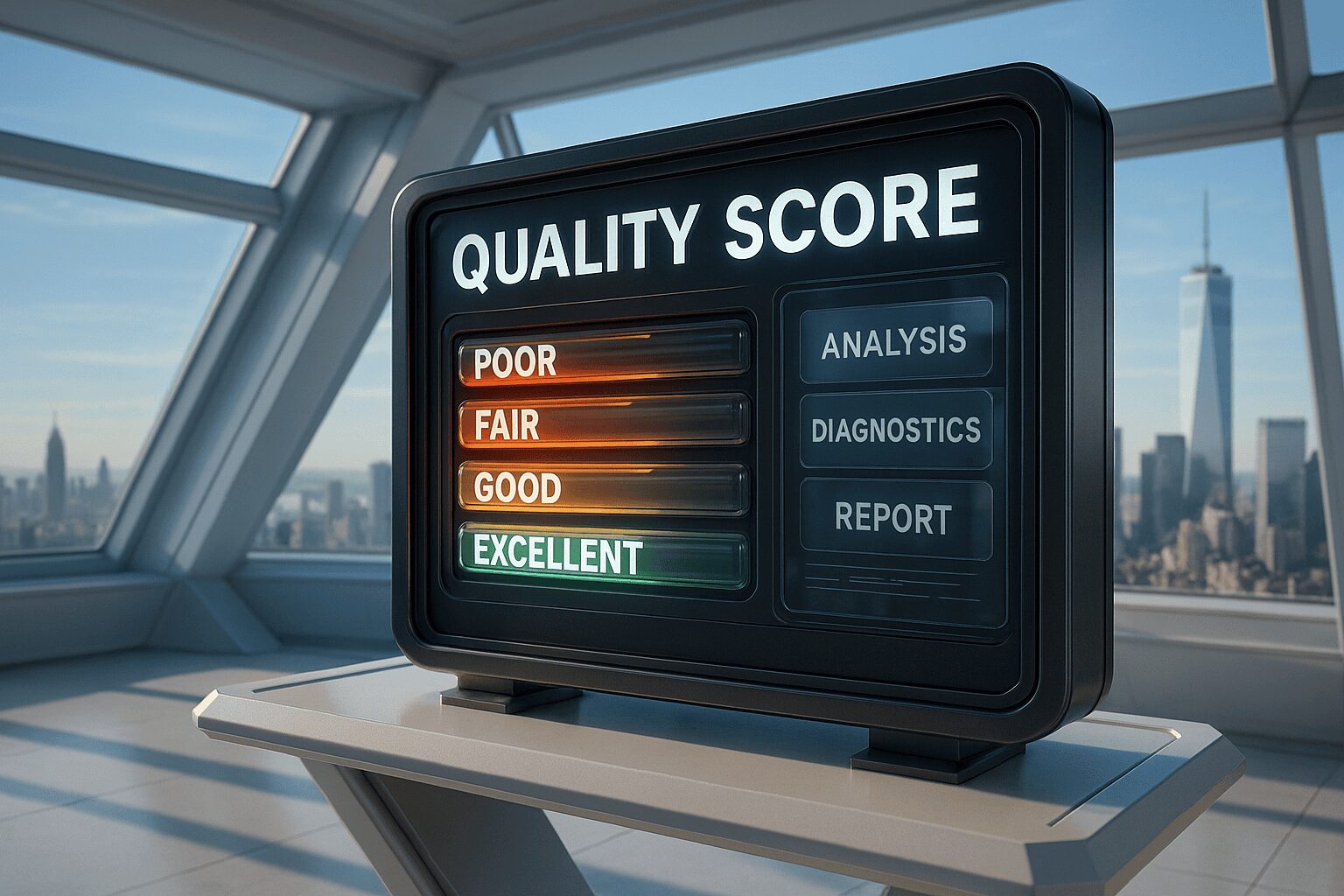 Quality Score Analytics Dashboard With City Skyline View Quality score analytics dashboard with performance metrics, city skyline office view.