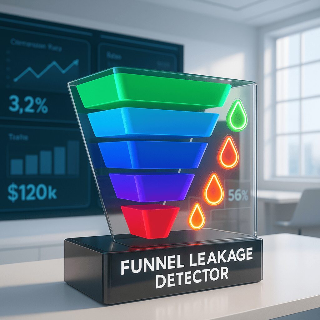 Sales funnel leakage analytics dashboard: 3.2% conversion, $120,000 revenue.