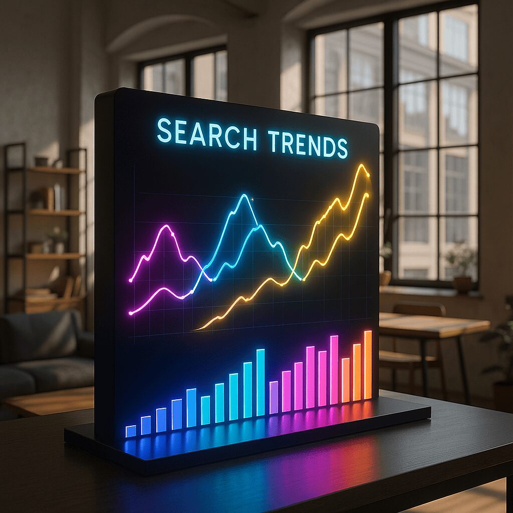 Search Trends Data Visualization Dashboard in Modern Office Search trends data visualization dashboard with line and bar charts in a modern office.