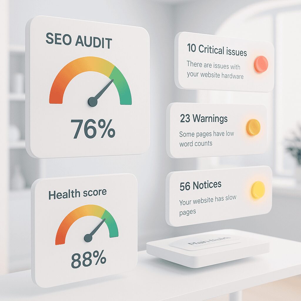 Website SEO audit dashboard with score, critical issues, warnings, and slow page speed notices.