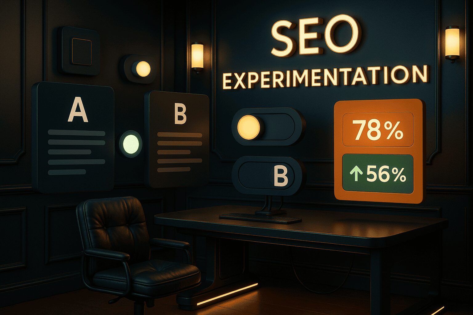 SEO A/B testing dashboard in modern workspace showing conversion growth metrics.