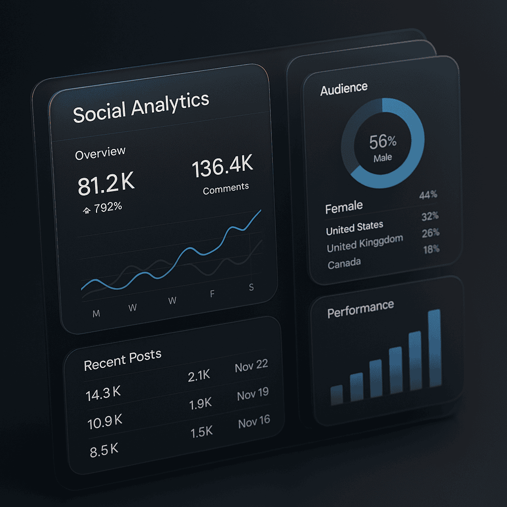 Social media analytics dashboard with engagement trends, audience demographics, and performance growth metrics.