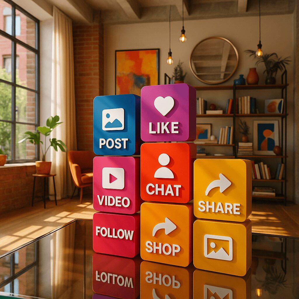 Colorful social media icon blocks in a sunlit, cozy living room with plants and bookshelves.