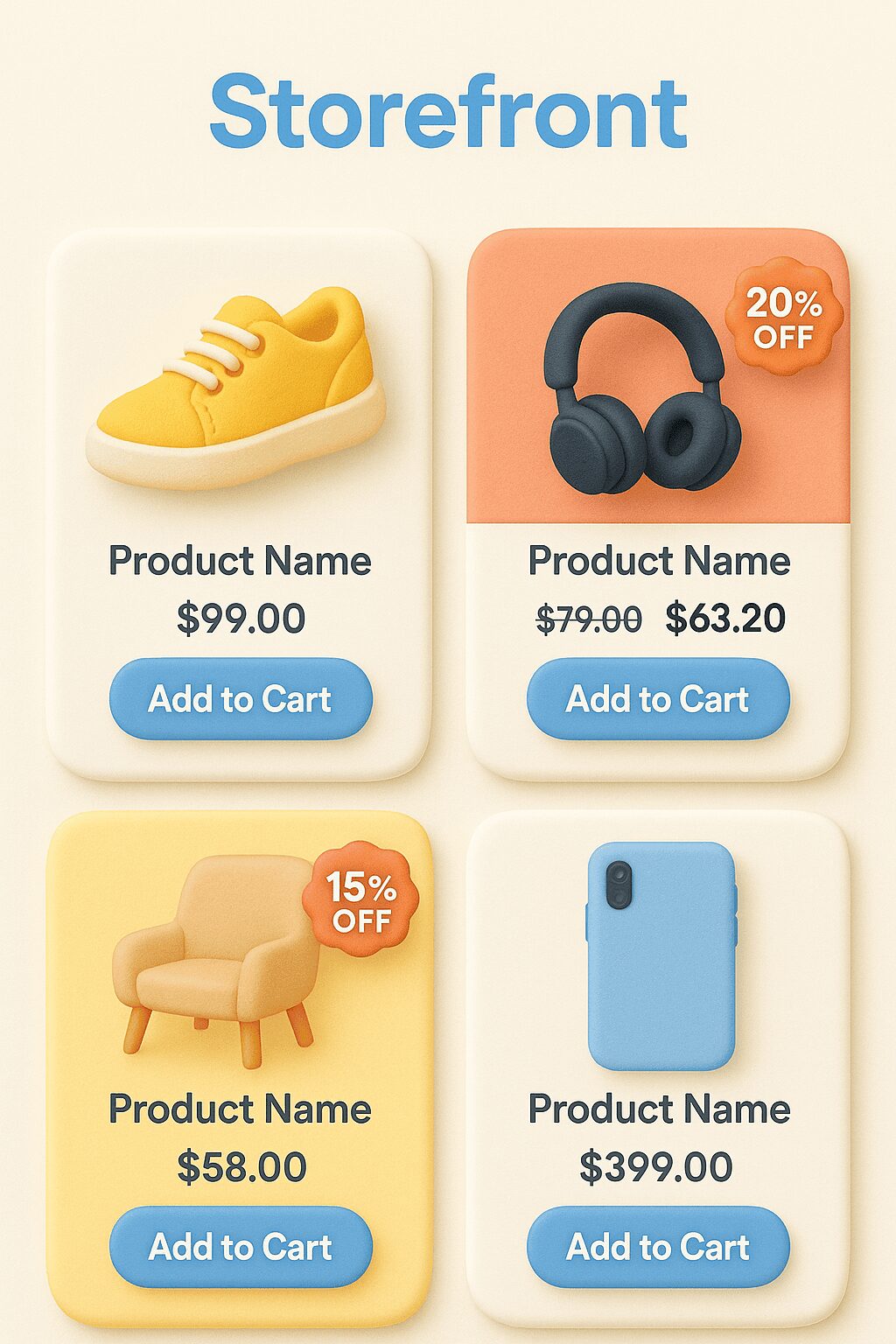 Ecommerce storefront product grid with sneakers, discounted headphones, yellow armchair, and smartphone case.