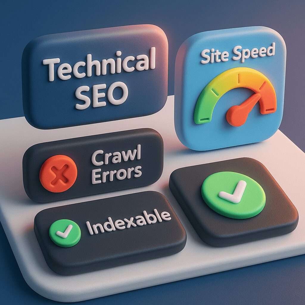 Technical SEO dashboard showing site speed gauge, crawl errors alert, and indexable status.