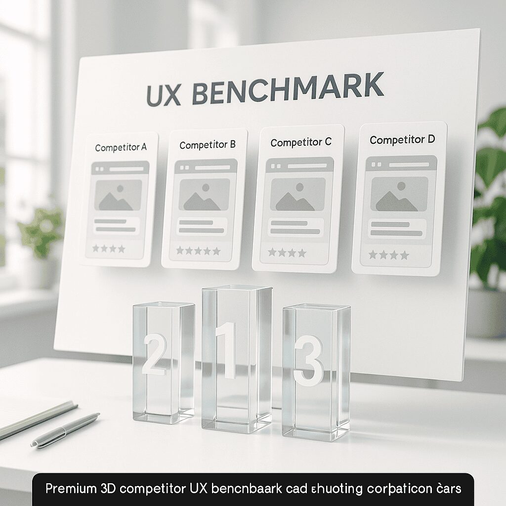 UX benchmark comparing four mobile UI competitors with star ratings and glass ranking blocks.
