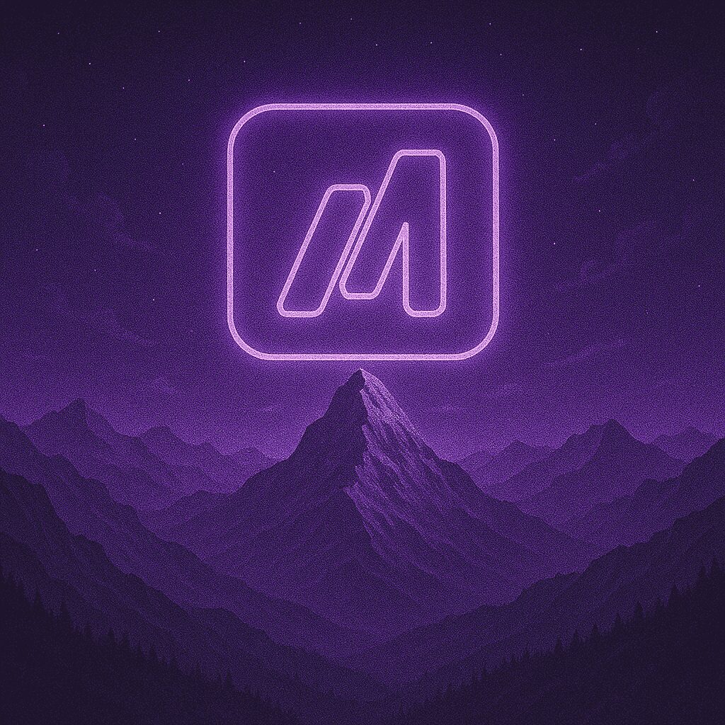 Neon Make logo floating above a purple mountain peak in a synthwave night sky.