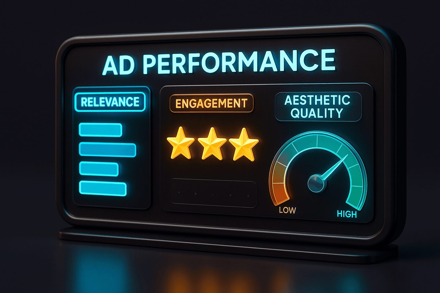 Ad Performance Dashboard: Relevance, Engagement, Visual Quality Ad performance dashboard showing relevance bars, three engagement stars, and high aesthetic quality gauge.