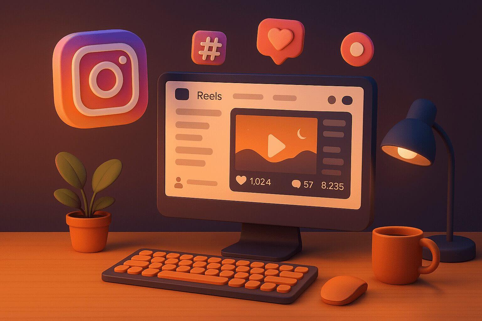 3D cozy desk setup with monitor showing social media reels analytics and floating icons