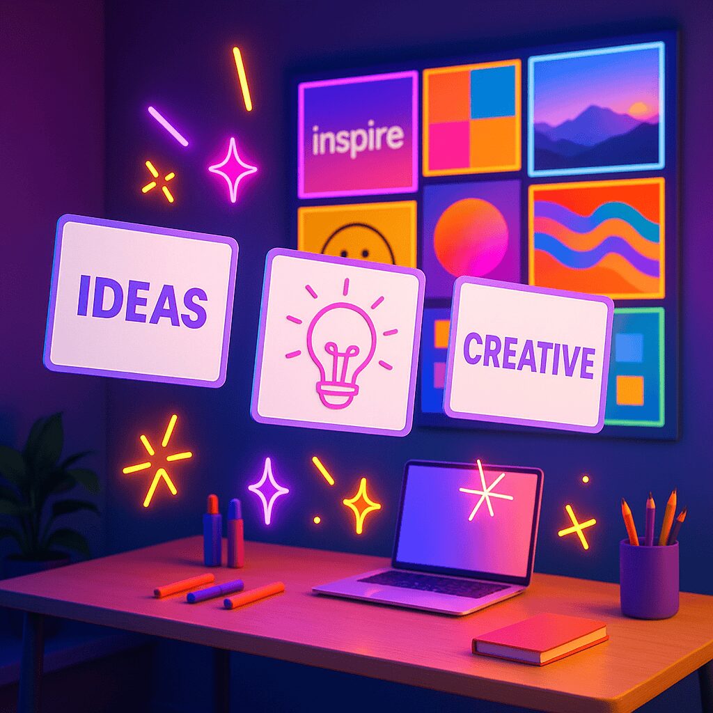 Colorful creative workspace with laptop, art supplies, and glowing Ideas, Creative, Inspirational words.