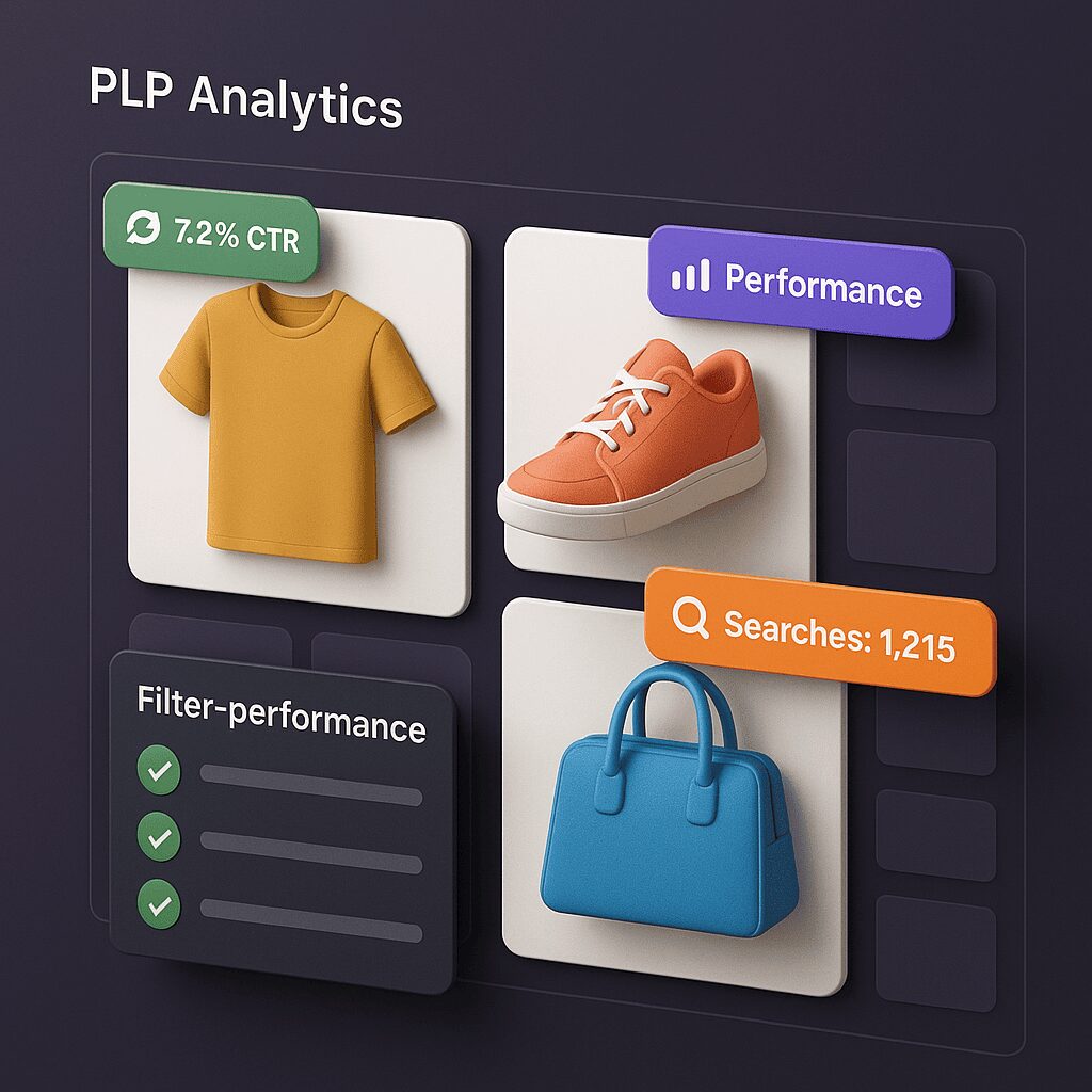 Ecommerce PLP analytics dashboard: product CTR 7.2% and searches 1,215 for shirts, sneakers, handbags.