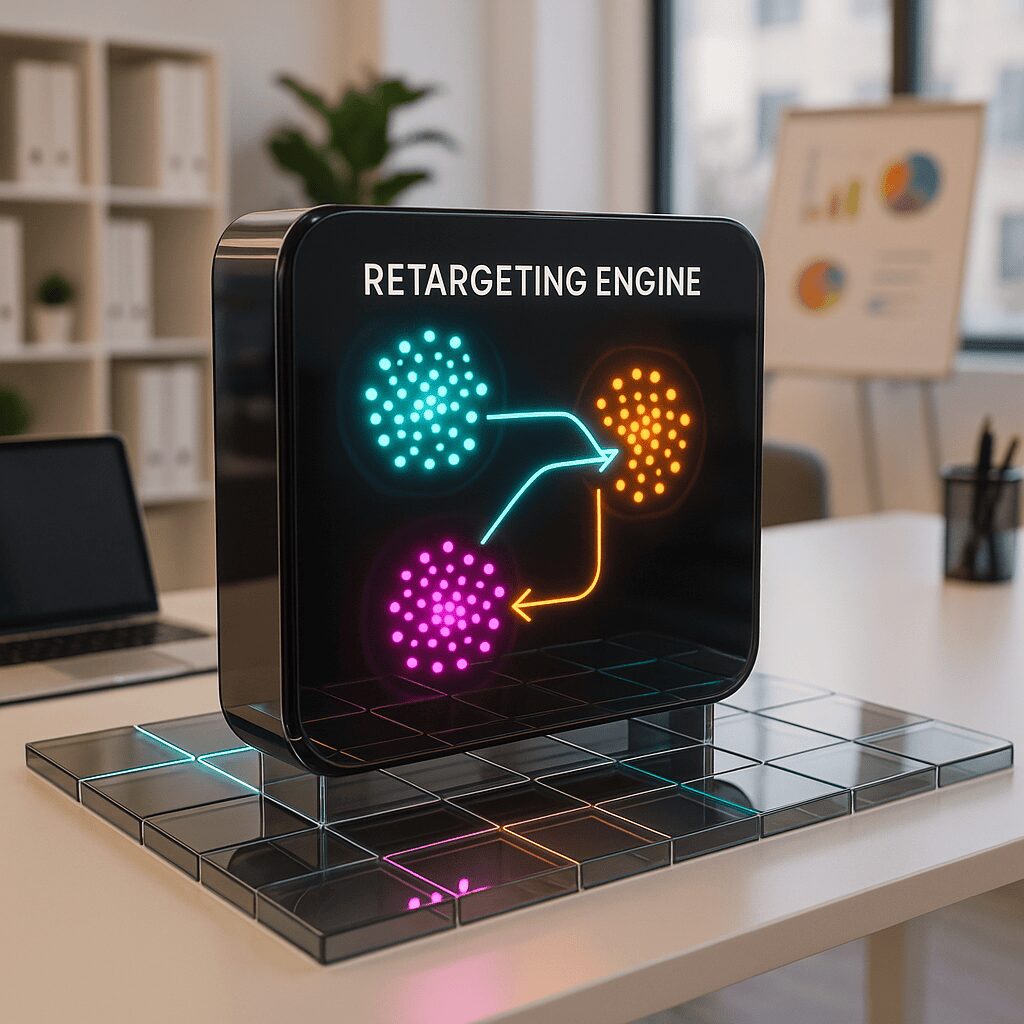 Retargeting Engine Dashboard in Sleek Modern Office Retargeting Engine digital marketing analytics dashboard in modern office with laptop and charts.