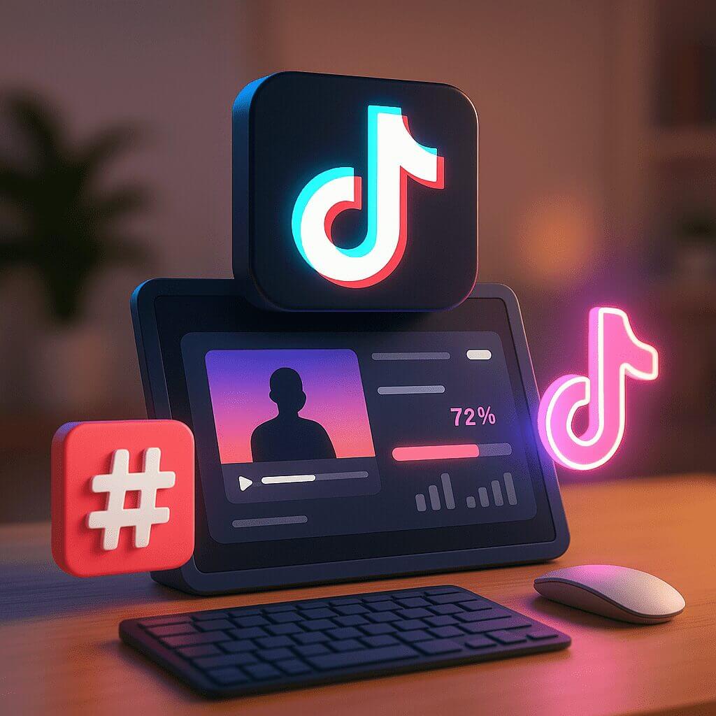 TikTok creator desktop scene with analytics dashboard, neon logo, keyboard, and hashtag block