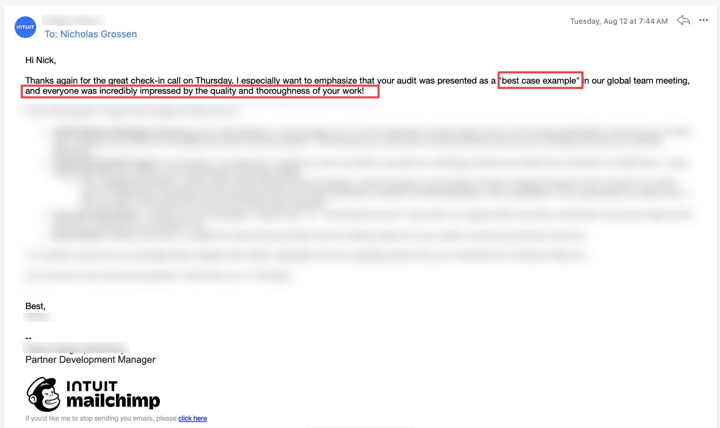 Mailchimp email testimonial praising Nicholas Grossen, highlighted best case example and impressive work quality.