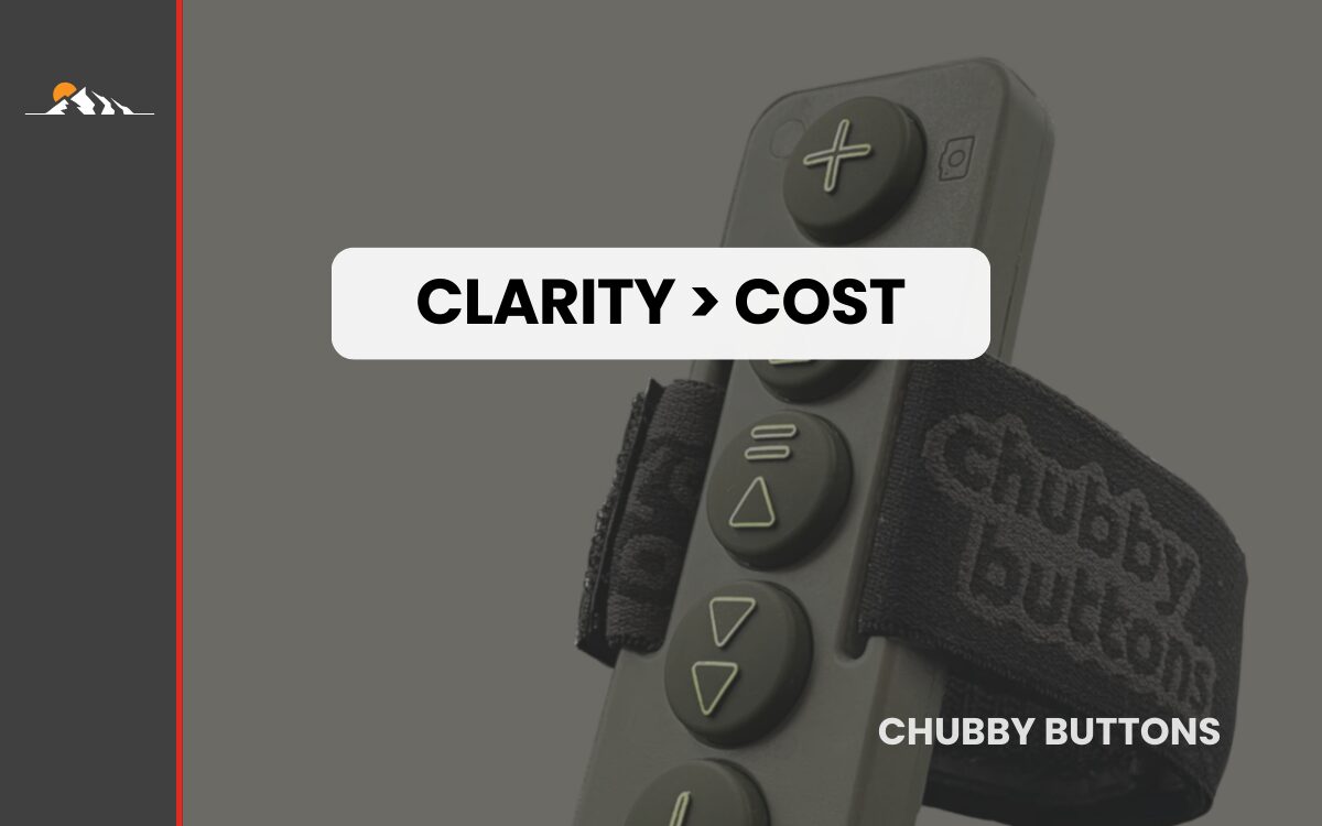 Chubby Buttons remote on gray background with label reading “Clarity > Cost”