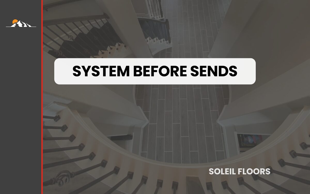 Overhead view of spiral atrium balconies with wooden railings, labeled “System Before Sends”